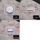 Three labeled product views showing rectangular and circular magnets with red dimension annotations on a stone-textured background. The top-left panel shows a round magnet labeled 3.