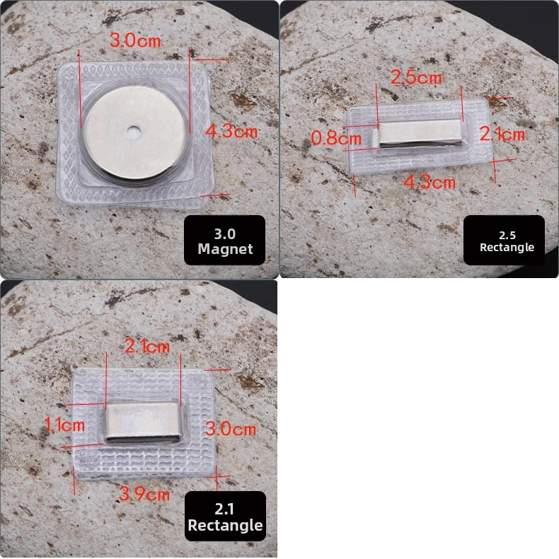 Three labeled product views showing rectangular and circular magnets with red dimension annotations on a stone-textured background. The top-left panel shows a round magnet labeled 3.